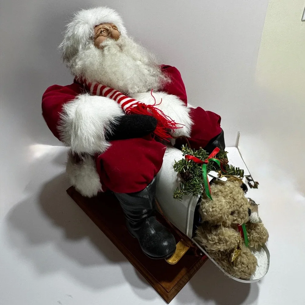 Lynda Hawley Downhill Sledding Santa Figurine Wood Base Large Vtg Puppy Mailbox